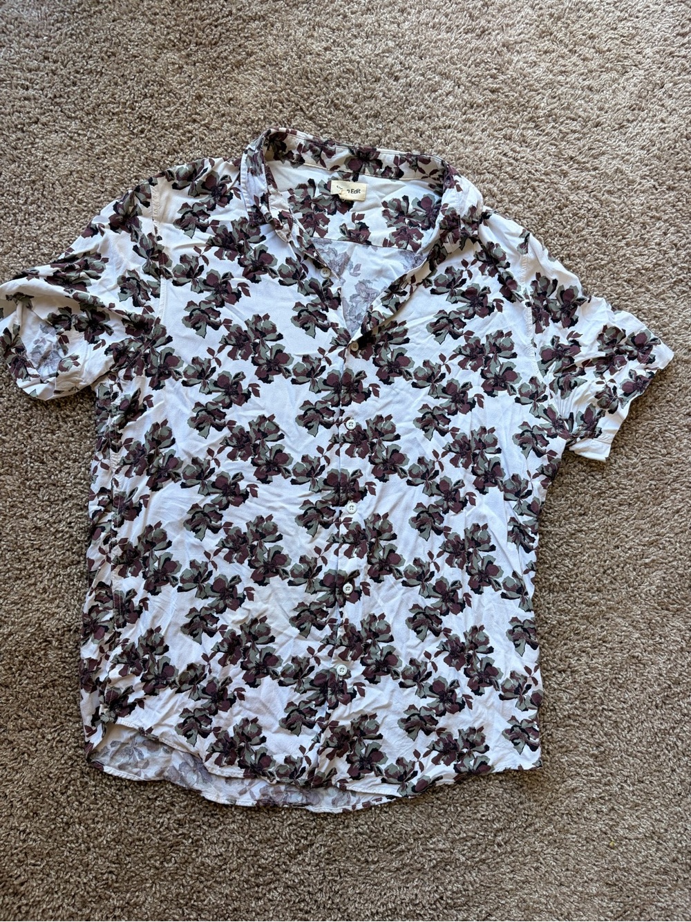 Casual Short-Sleeve Floral Button-Down Shirt - White with Brown Floral